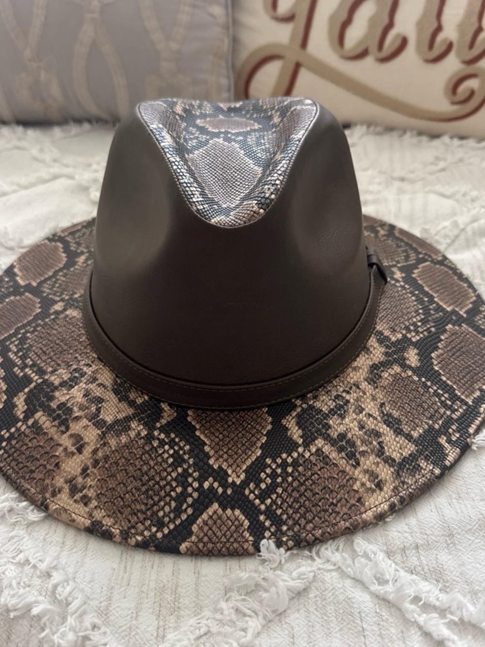 Woman’s Brown Snake-Print Fedora Hat with Dark Crown